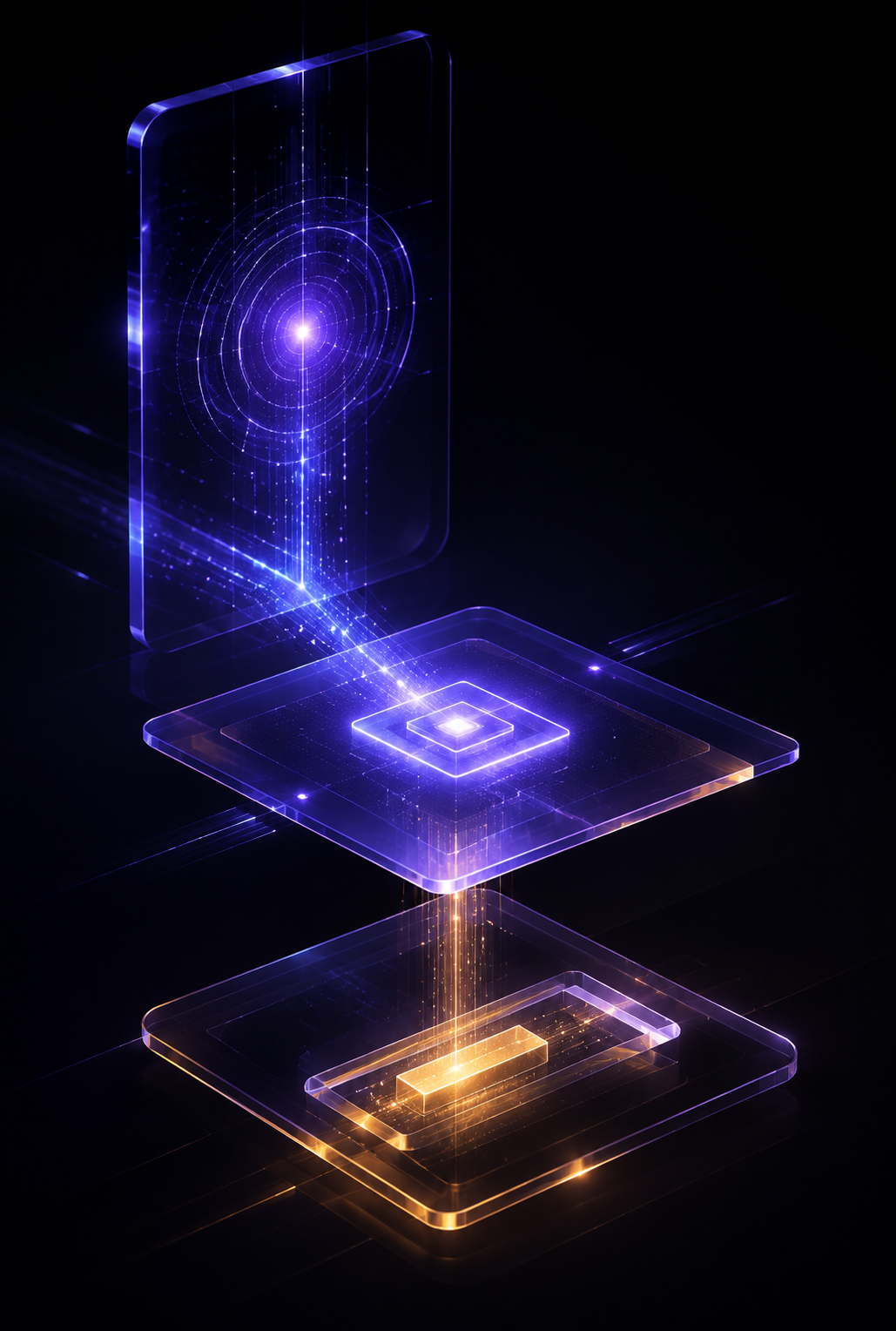Tres planos de cristal apilados con identidad, trabajo y pago iluminados