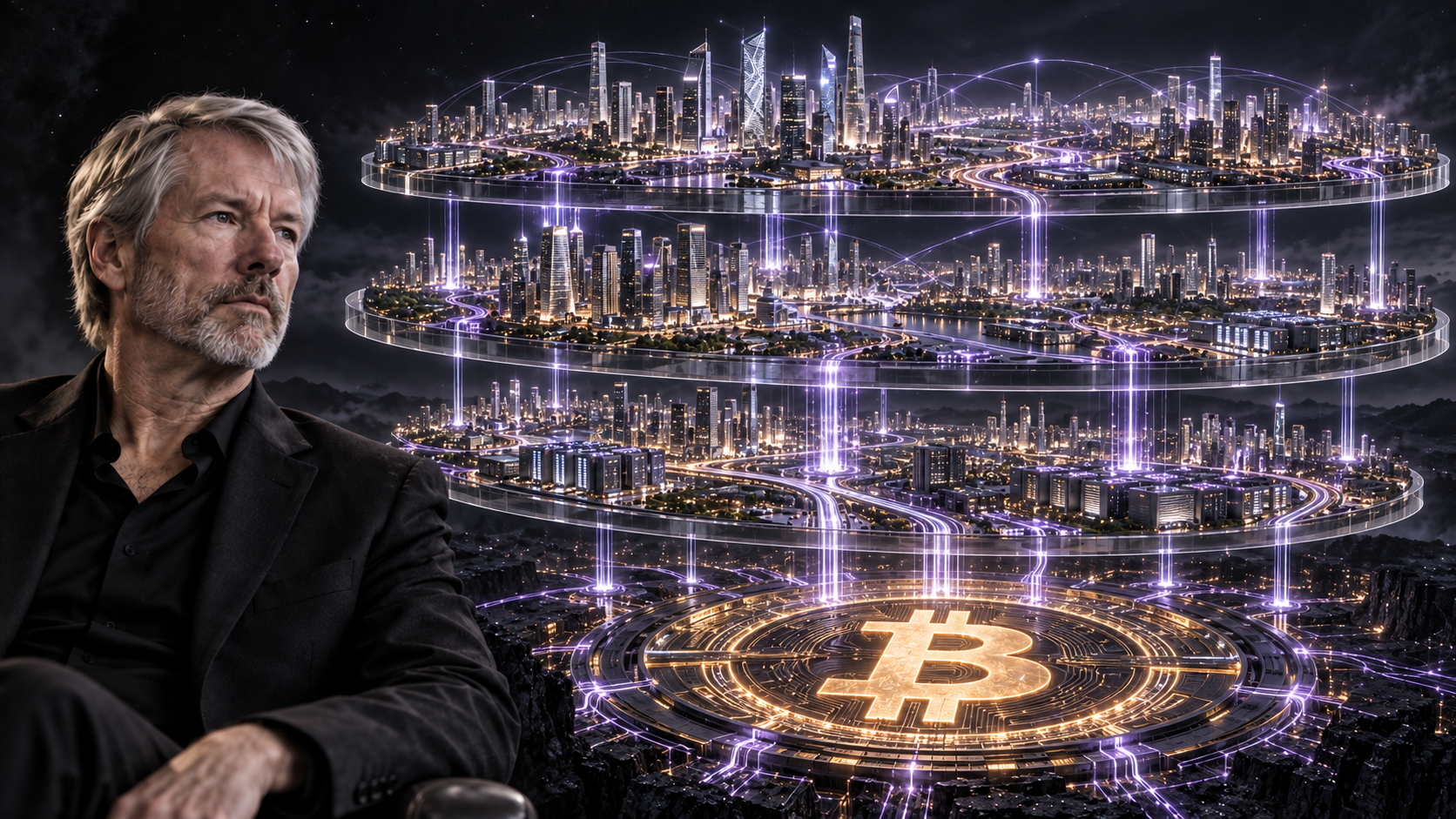 Michael Saylor junto a tres capas de ciudades conectadas sobre una gran base Bitcoin.